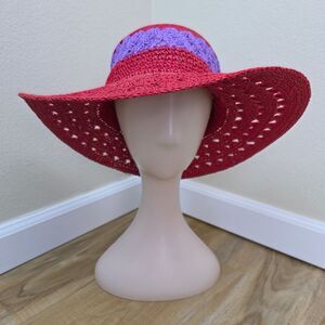 💜Vintage Red & Purple Wide Brim Straw Sun Hat